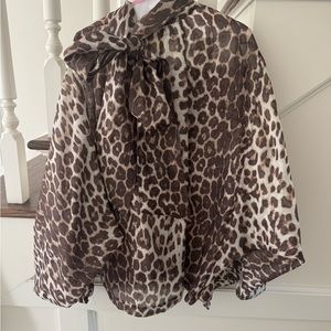 Leopard Print Illustration Billow Blouse with Bow